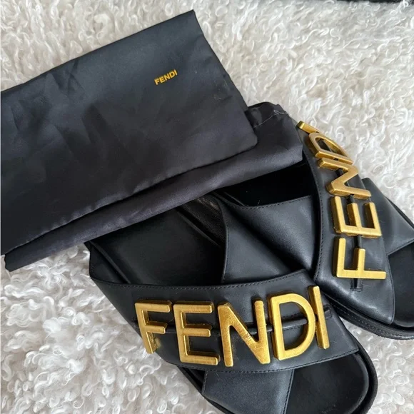 Fendi Black Leather Slides with Gold Logo Hardware - Picture 2 of 7